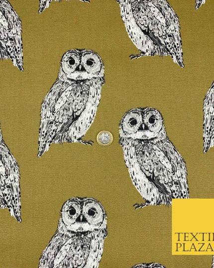 OLIVE Large Vintage Owls 100% COTTON CANVAS Printed Fabric Craft 58" 1710