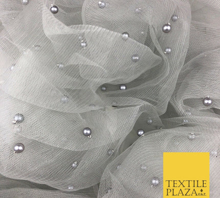 LIGHT GREY Studded Pearl Mesh Net Fabric Bridal Soft Drape Sheer Craft Dress 939