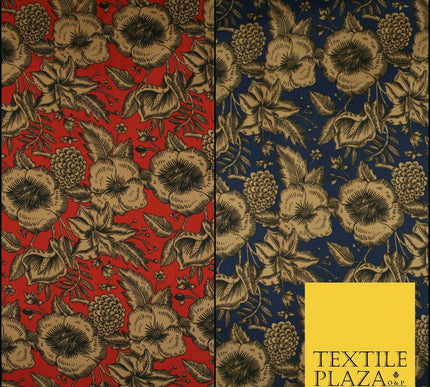 Luxury Red / Navy Antique Floral Woodland Printed Charmeuse Satin Dress Fabric