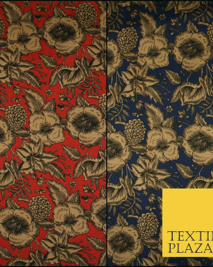 Luxury Red / Navy Antique Floral Woodland Printed Charmeuse Satin Dress Fabric