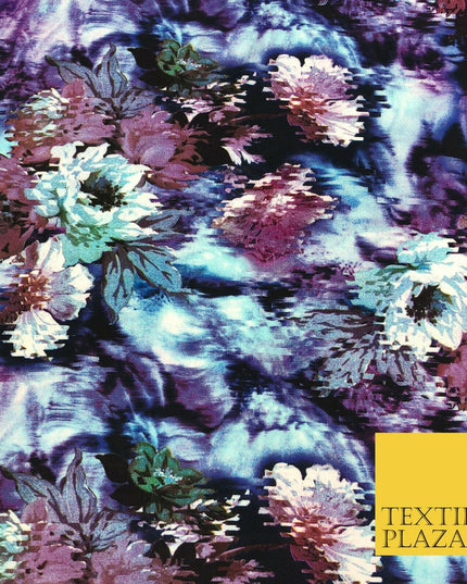 Blue Mix Techno Floral Digital Print Spun Rayon Viscose Dress Fabric Craft 1321