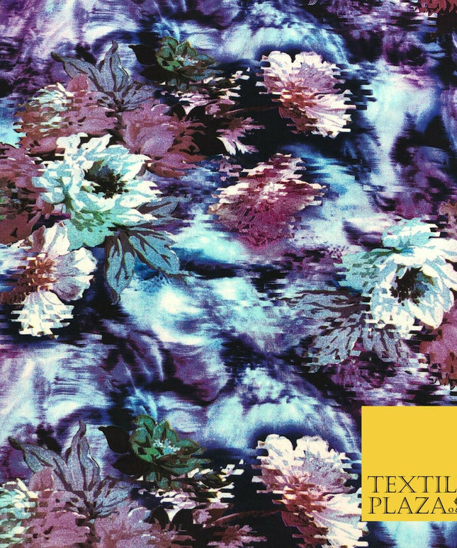 Blue Mix Techno Floral Digital Print Spun Rayon Viscose Dress Fabric Craft 1321