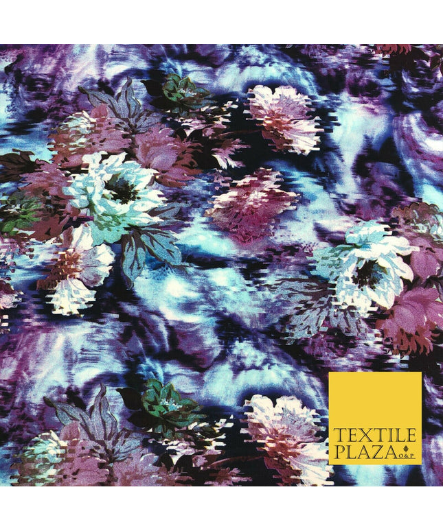 Blue Mix Techno Floral Digital Print Spun Rayon Viscose Dress Fabric Craft 1321