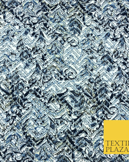 White Blue Abstract Digital Print Spun Rayon Viscose Dress Fabric Craft 59" 1318