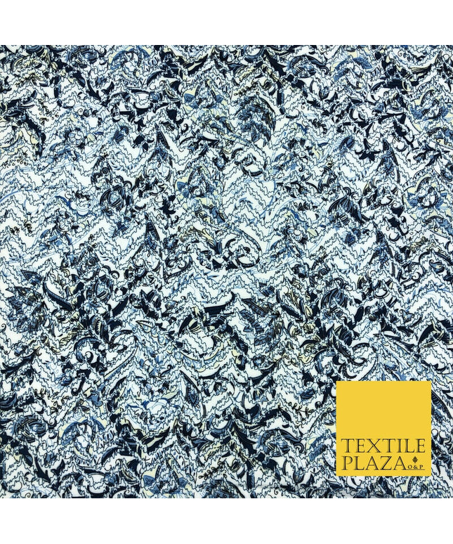 White Blue Abstract Digital Print Spun Rayon Viscose Dress Fabric Craft 59" 1318