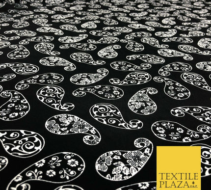 Black White Fancy Paisley Digital Print Stretch Crepe Dress Fabric Craft 1319