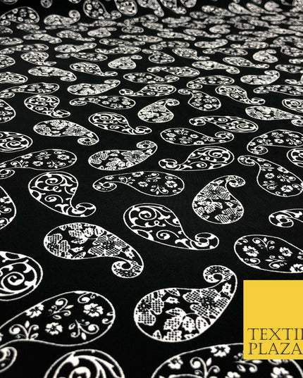Black White Fancy Paisley Digital Print Stretch Crepe Dress Fabric Craft 1319