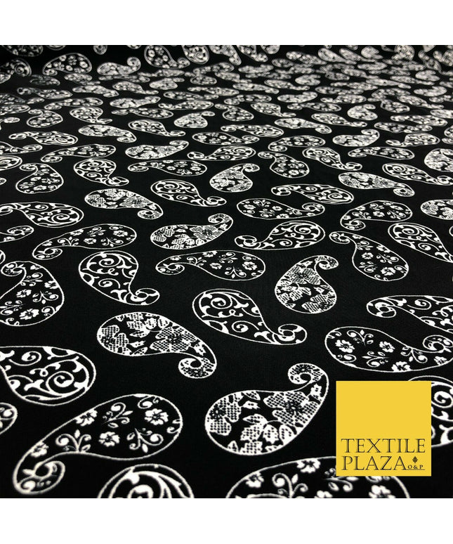 Black White Fancy Paisley Digital Print Stretch Crepe Dress Fabric Craft 1319