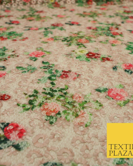 Dusty Pink Floral Digital Printed Embroidered Net Lace Dress Fabric Fashion 1768