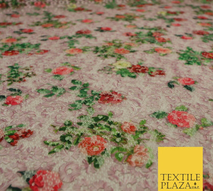 Pink Floral Digital Printed Embroidered Net Lace Dress Fabric Fashion 1765