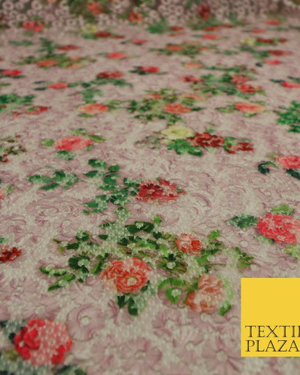Pink Floral Digital Printed Embroidered Net Lace Dress Fabric Fashion 1765