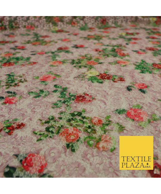 Pink Floral Digital Printed Embroidered Net Lace Dress Fabric Fashion 1765