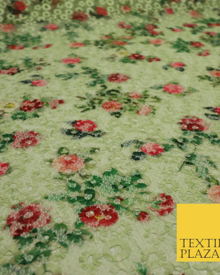 Green Floral Digital Printed Embroidered Net Lace Dress Fabric Fashion 1766