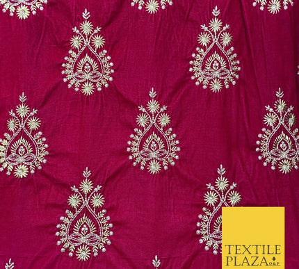 CERISE PINK Ornamental Teardrop Cluster Embroidered Velvet Dress Fabric 1772