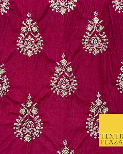 CERISE PINK Ornamental Teardrop Cluster Embroidered Velvet Dress Fabric 1772