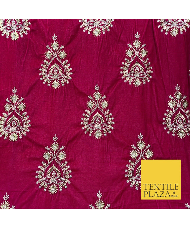 CERISE PINK Ornamental Teardrop Cluster Embroidered Velvet Dress Fabric 1772