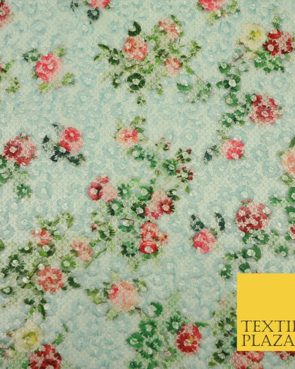 Dusty Blue Floral Digital Printed Embroidered Net Lace Dress Fabric Fashion 1764