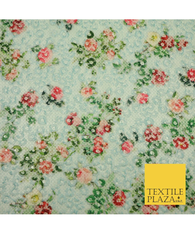 Dusty Blue Floral Digital Printed Embroidered Net Lace Dress Fabric Fashion 1764