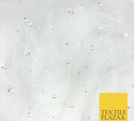 WHITE Studded Pearl Mesh Net Fabric Bridal Soft Sheer Craft Dress 937