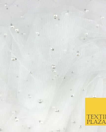 WHITE Studded Pearl Mesh Net Fabric Bridal Soft Sheer Craft Dress 937