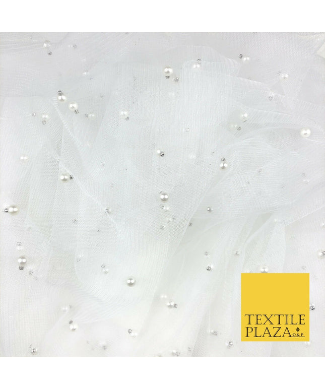 WHITE Studded Pearl Mesh Net Fabric Bridal Soft Sheer Craft Dress 937