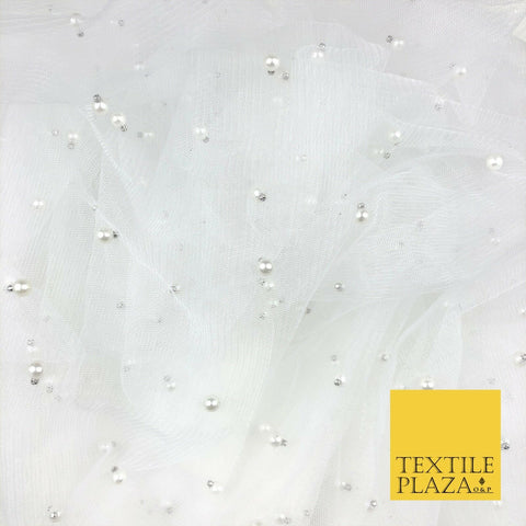 WHITE Studded Pearl Mesh Net Fabric Bridal Soft Sheer Craft Dress 937