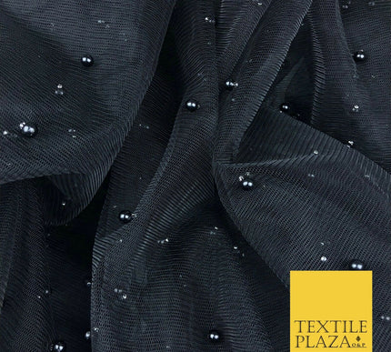 BLACK Studded Pearl Mesh Net Fabric Bridal Soft Sheer Craft Dress 935