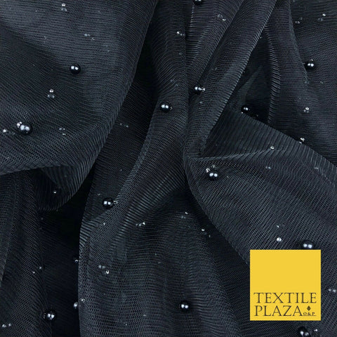 BLACK Studded Pearl Mesh Net Fabric Bridal Soft Sheer Craft Dress 935
