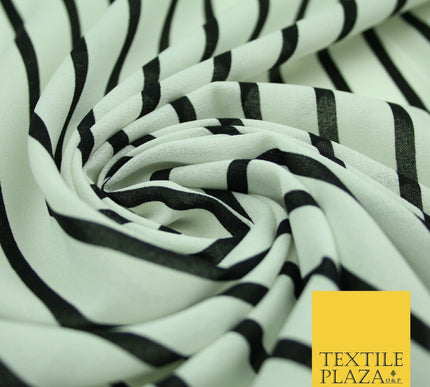 PINSTRIPE BRETON STRIPE Black White Printed Crepe Polyester Dress Fabric 2731