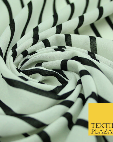 PINSTRIPE BRETON STRIPE Black White Printed Crepe Polyester Dress Fabric 2731