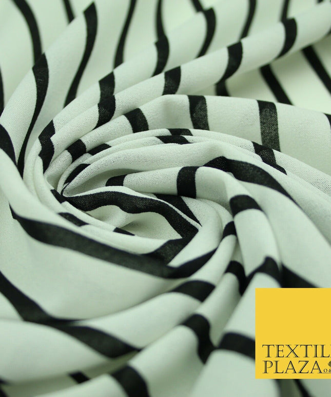 PINSTRIPE BRETON STRIPE Black White Printed Crepe Polyester Dress Fabric 2731