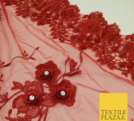RED 3D Flower Trio Scalloped Embroidered Net Lace Dress Fancy Bridal 1583