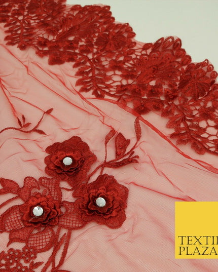 RED 3D Flower Trio Scalloped Embroidered Net Lace Dress Fancy Bridal 1583