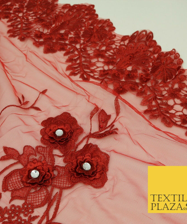 RED 3D Flower Trio Scalloped Embroidered Net Lace Dress Fancy Bridal 1583