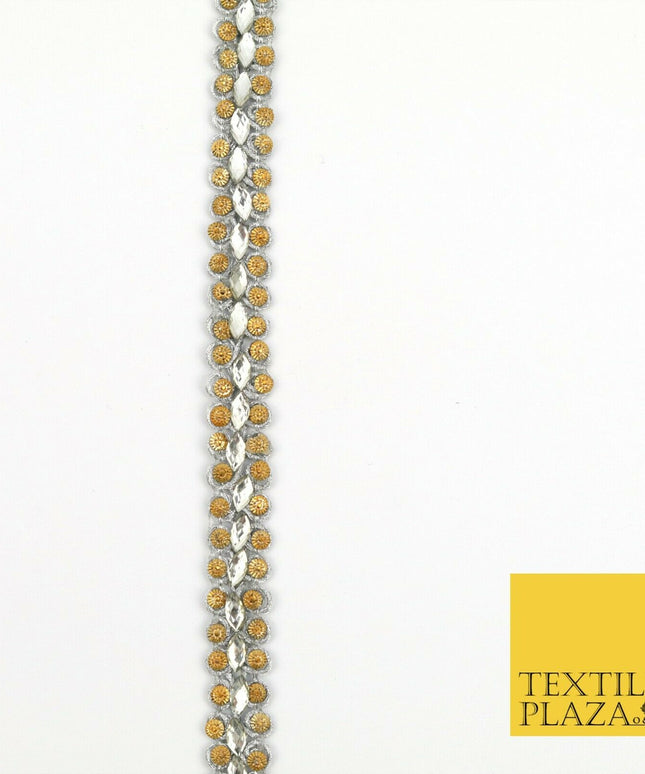GREY 1.5cm Twin Beaded Silver Stone Trimming Gota Border Indian Ethnic X226