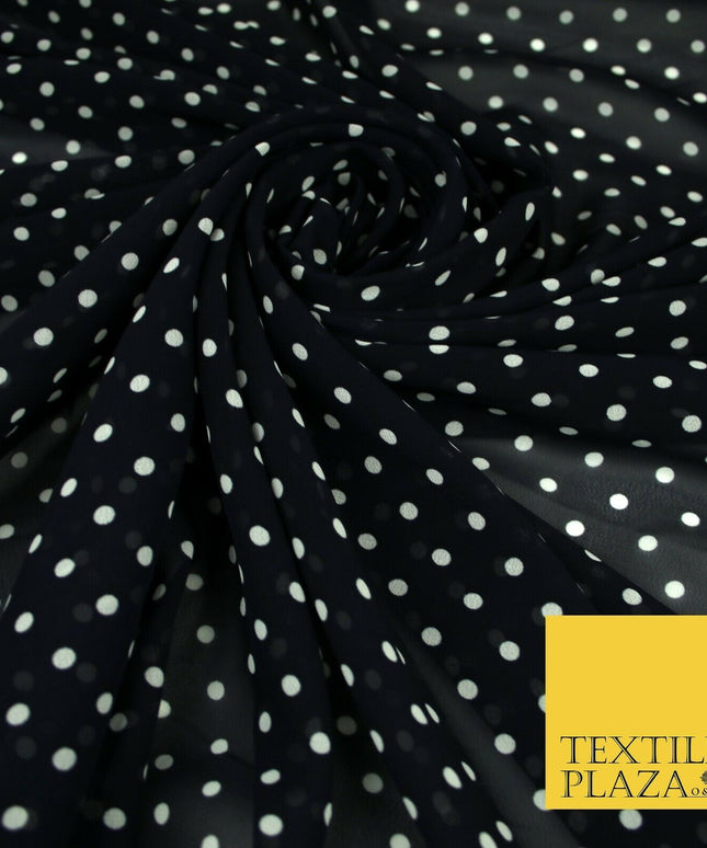 Premium Black Blue White Polka Dot Multi Spotted Printed Georgette Dress Fabric