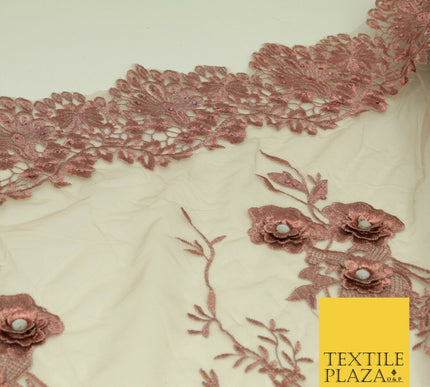 DUSTY PINK 3D Flower Trio Scalloped Embroidered Net Lace Dress Fancy Bridal 1582