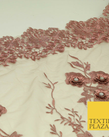 DUSTY PINK 3D Flower Trio Scalloped Embroidered Net Lace Dress Fancy Bridal 1582