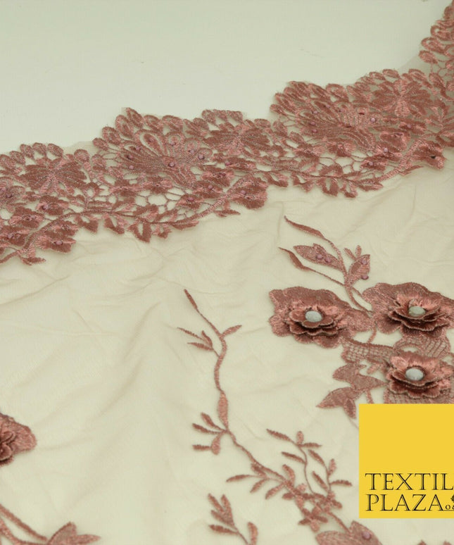 DUSTY PINK 3D Flower Trio Scalloped Embroidered Net Lace Dress Fancy Bridal 1582