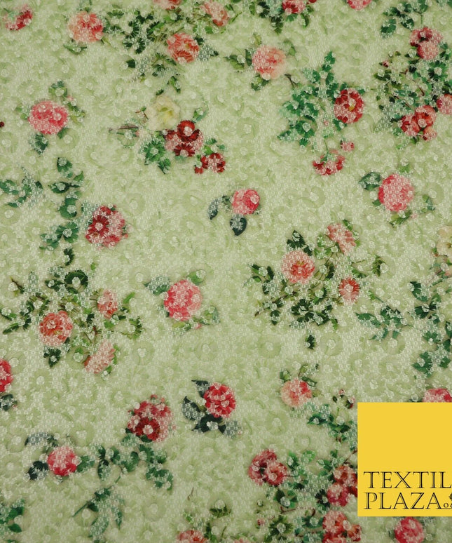 Green Floral Digital Printed Embroidered Net Lace Dress Fabric Fashion 1766