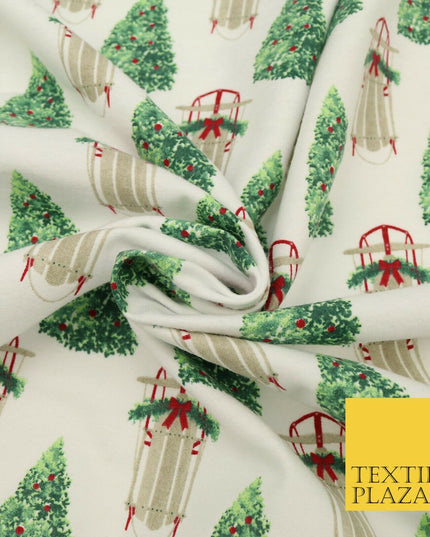 White Christmas Tree Sleigh Winceyette Soft Brushed Cotton Print Fabric 1620