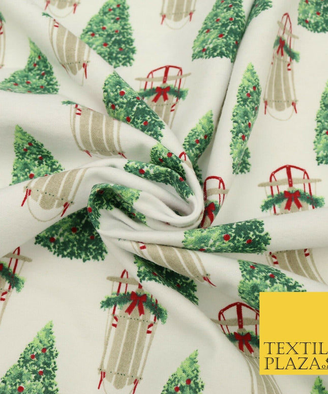 White Christmas Tree Sleigh Winceyette Soft Brushed Cotton Print Fabric 1620