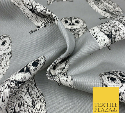 Silver Grey Large Vintage Owls 100% COTTON CANVAS Printed Fabric Craft 58" 1711