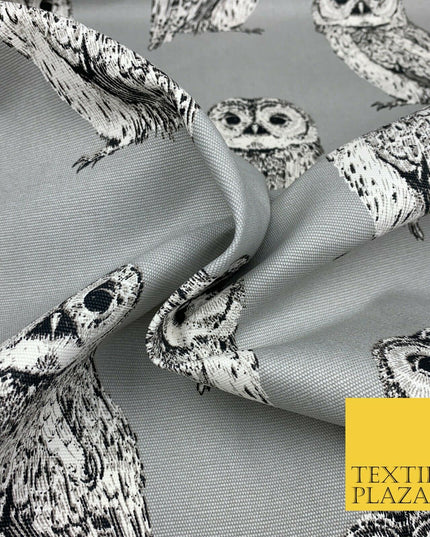Silver Grey Large Vintage Owls 100% COTTON CANVAS Printed Fabric Craft 58" 1711