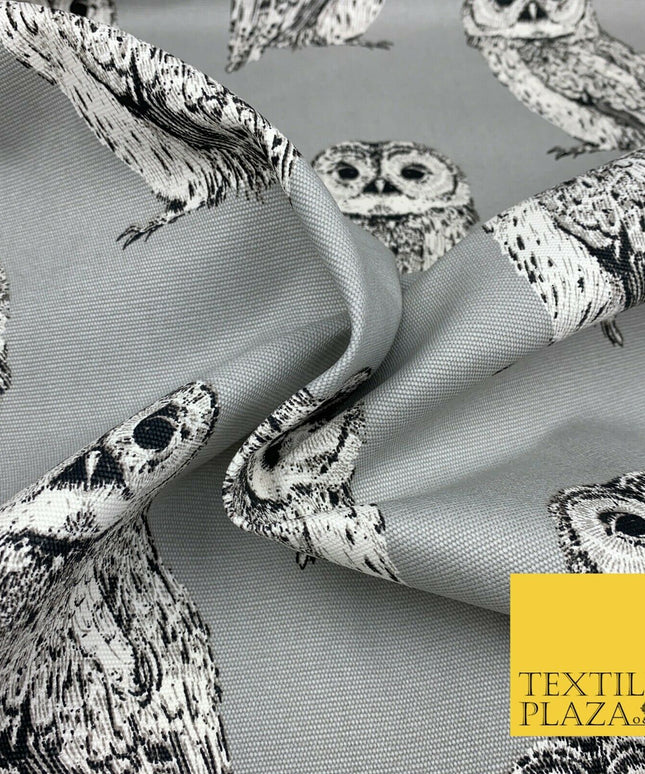 Silver Grey Large Vintage Owls 100% COTTON CANVAS Printed Fabric Craft 58" 1711