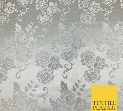 SILVER Ornamental Flower Ornate Rose Brocade Dress Fabric Metallic Woven 1398