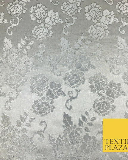 SILVER Ornamental Flower Ornate Rose Brocade Dress Fabric Metallic Woven 1398