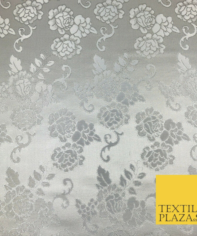 SILVER Ornamental Flower Ornate Rose Brocade Dress Fabric Metallic Woven 1398