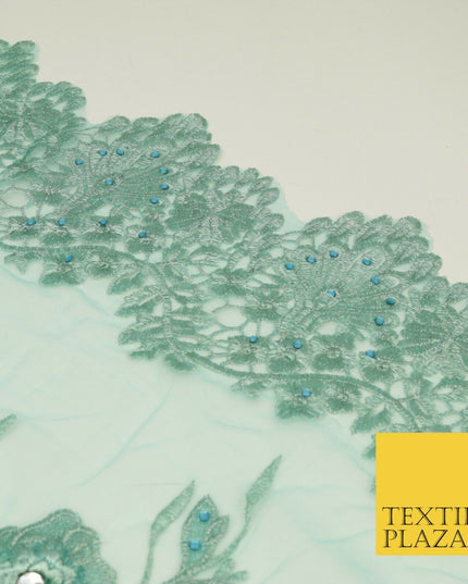 SEA GREEN 3D Flower Trio Scalloped Embroidered Net Lace Dress Fancy Bridal 1586