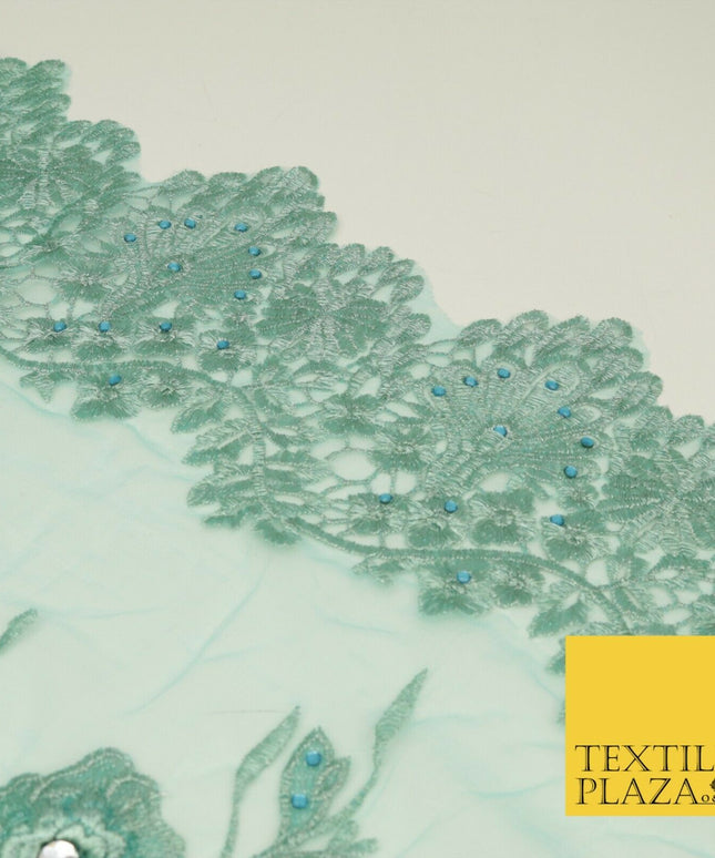SEA GREEN 3D Flower Trio Scalloped Embroidered Net Lace Dress Fancy Bridal 1586